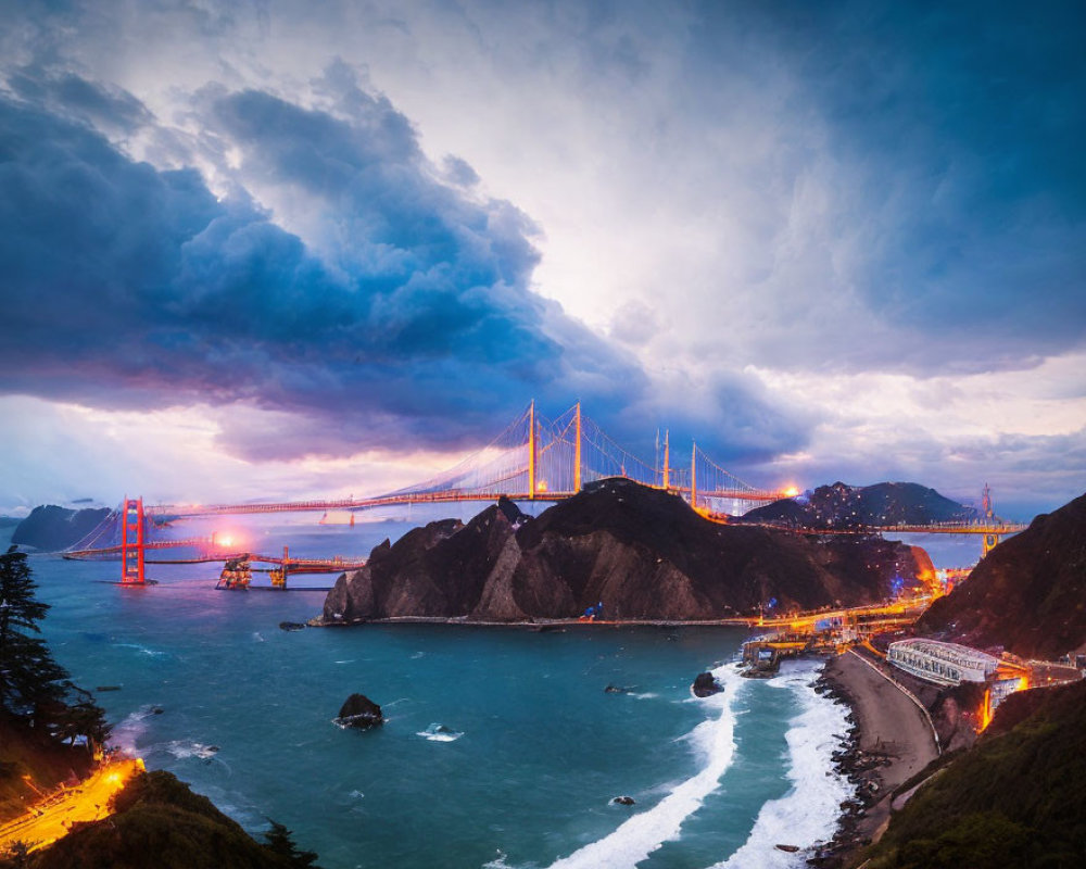 Twilight scene of dramatic sky over Golden Gate Bridge.