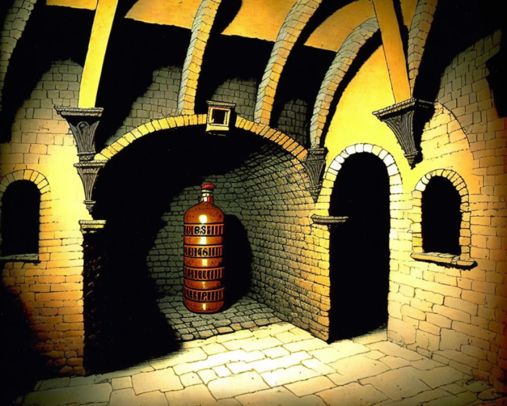 Detailed illustration: Old brick cellar with arches and Cyrillic-labeled brown bottle.