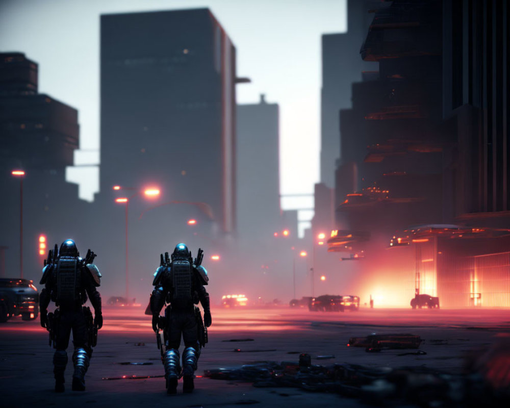 Futuristic soldiers in desolate urban landscape with red haze