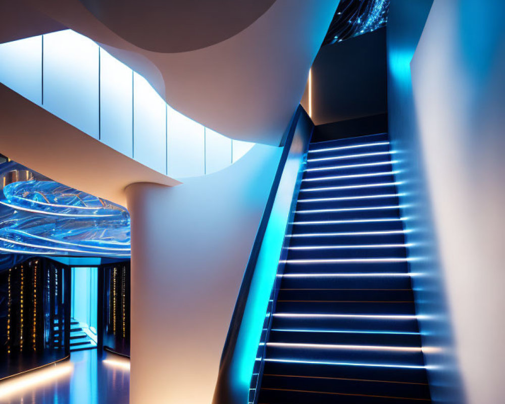 Sleek modern interior with spiral staircase and blue LED lights