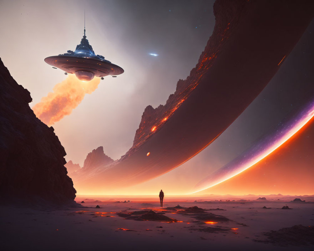 Alien planet with massive rings, spaceship, fiery glow, rocky terrain