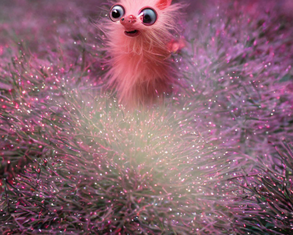 Fluffy Pink Creature with Sparkly Eyes in Purple Bristles
