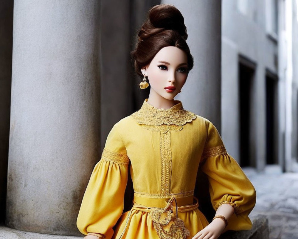Brunette Doll in Yellow Vintage Dress with Updo Hair by Grey Columns