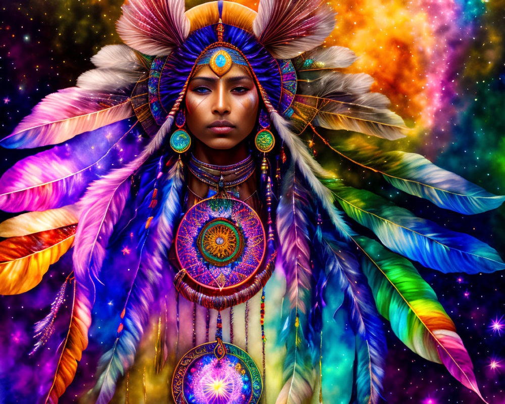 Colorful Native American headdress portrait against starry backdrop