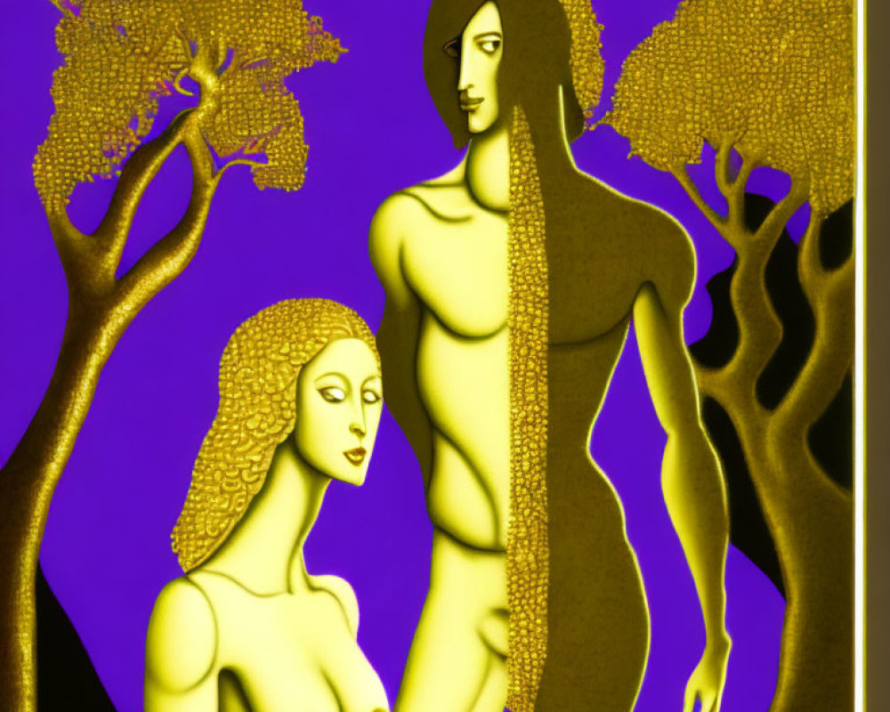 Golden stylized figures of elongated women on purple background with abstract trees