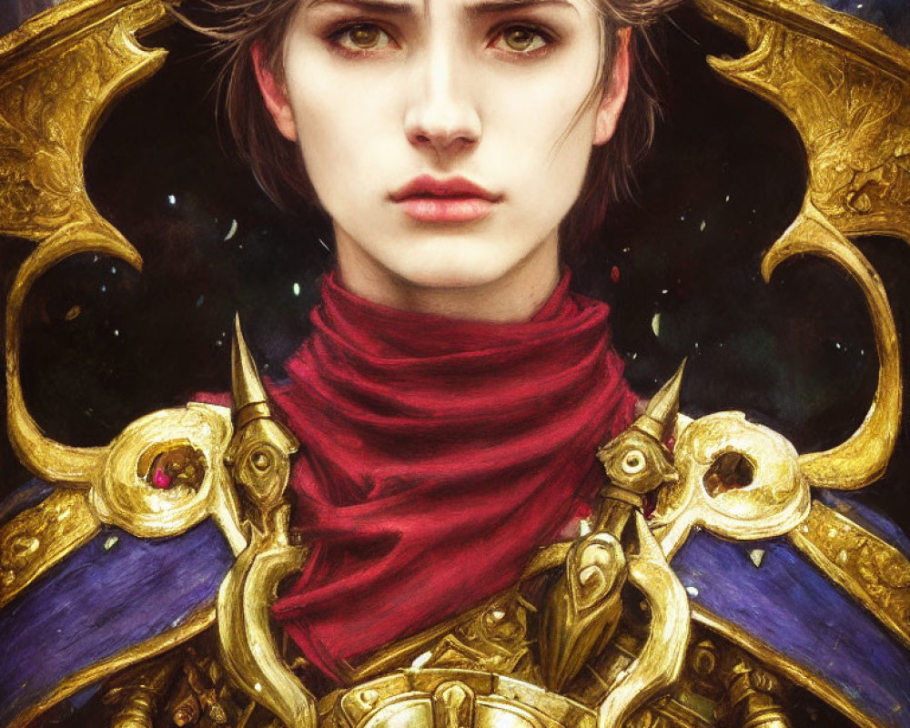 Digital painting of stern woman in golden armor with red scarf against dark background