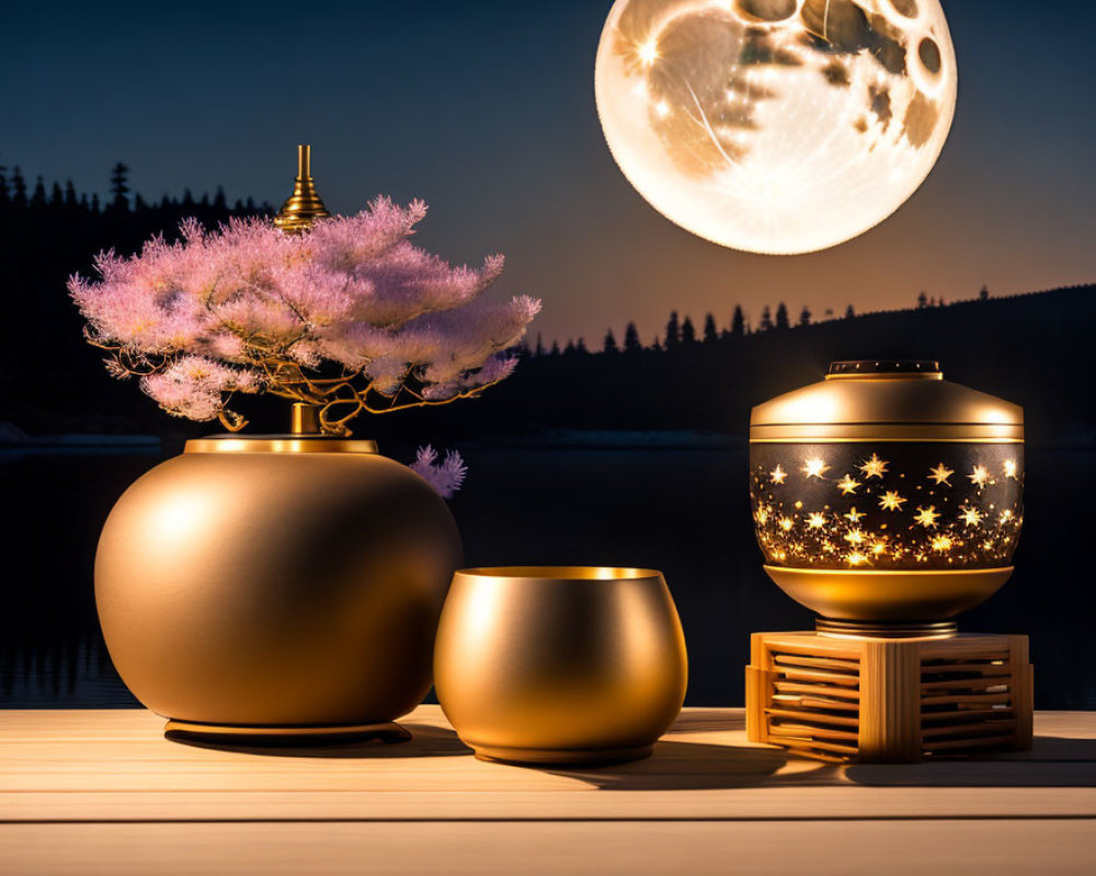 Tranquil moonlit scene with golden vase, pink blossoms, candle lantern, and wooden surface