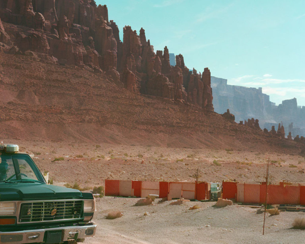 Vintage Truck Parked on Desert Road with Red Rock Formations
