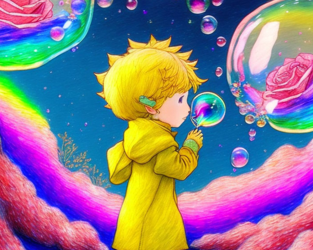 Child with spiky blonde hair blowing bubbles in rose-filled scenery