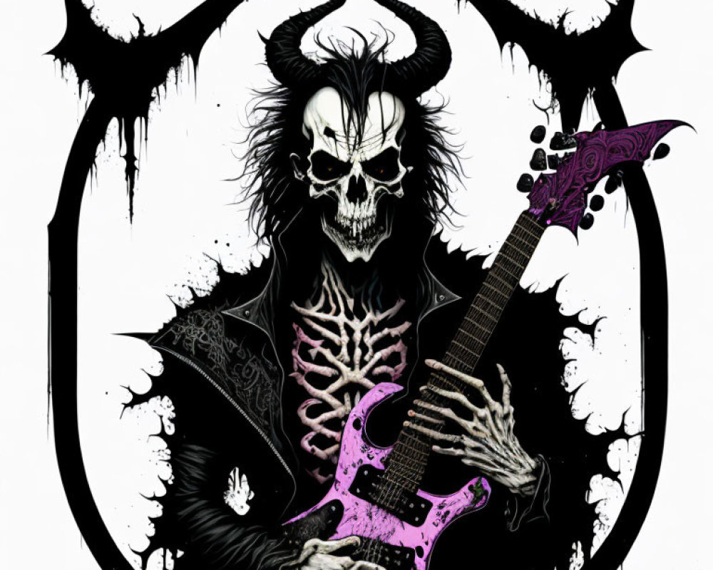 Skeletal Figure with Horns Playing Electric Guitar in Thorny Circle