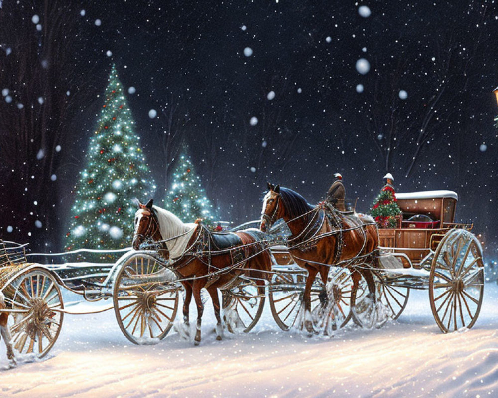 Snowy Evening Horse-Drawn Carriage & Christmas Tree Scene