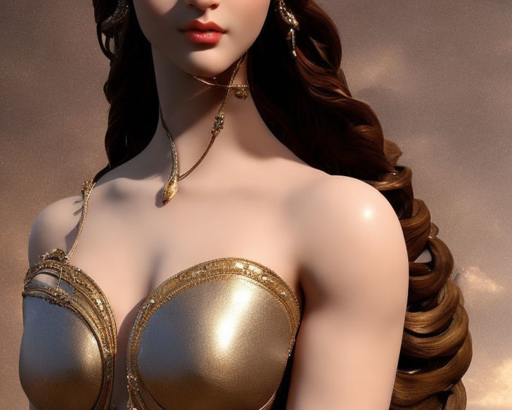 3D-rendered image of woman with long brown hair and golden jewelry