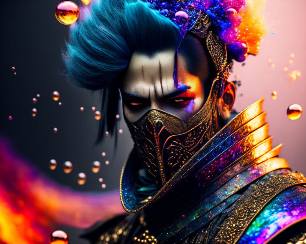 Colorful Image: Person with Blue Hair and Golden Armor surrounded by Orbs