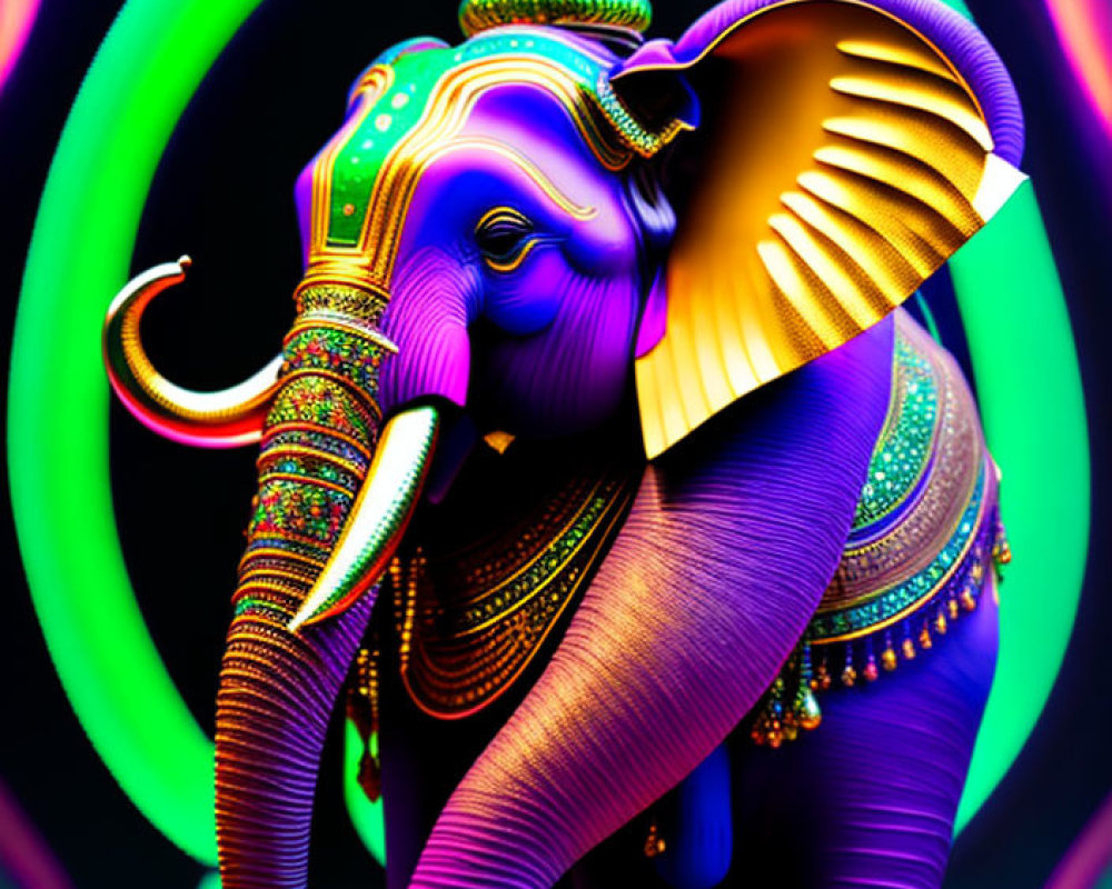 Colorful Elephant Artwork with Elaborate Patterns on Psychedelic Background