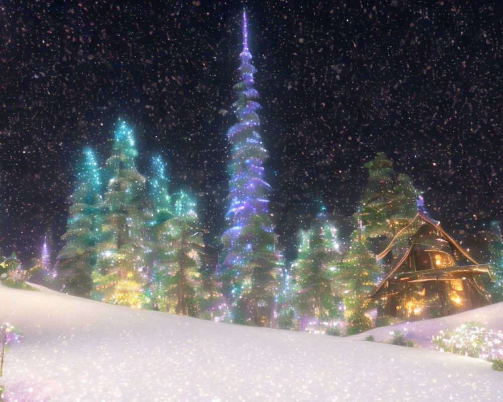 Snowy Winter Scene: Illuminated Trees, Cozy Cabin, Starry Night Sky