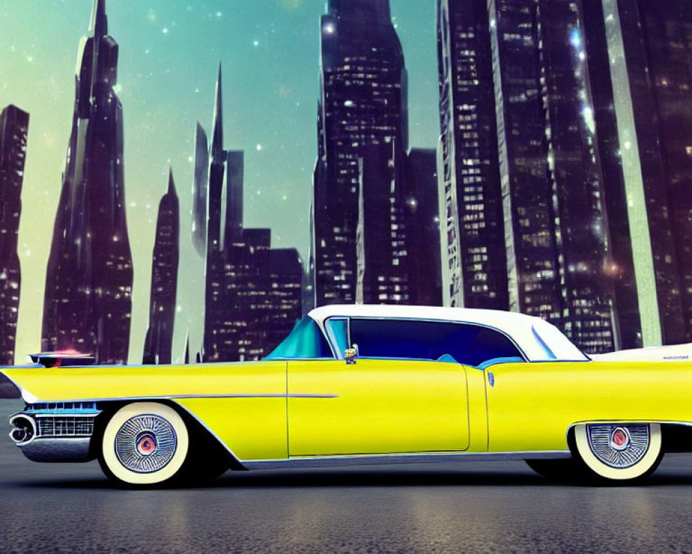 Vintage Yellow Car with Fins and City Skyline at Dusk