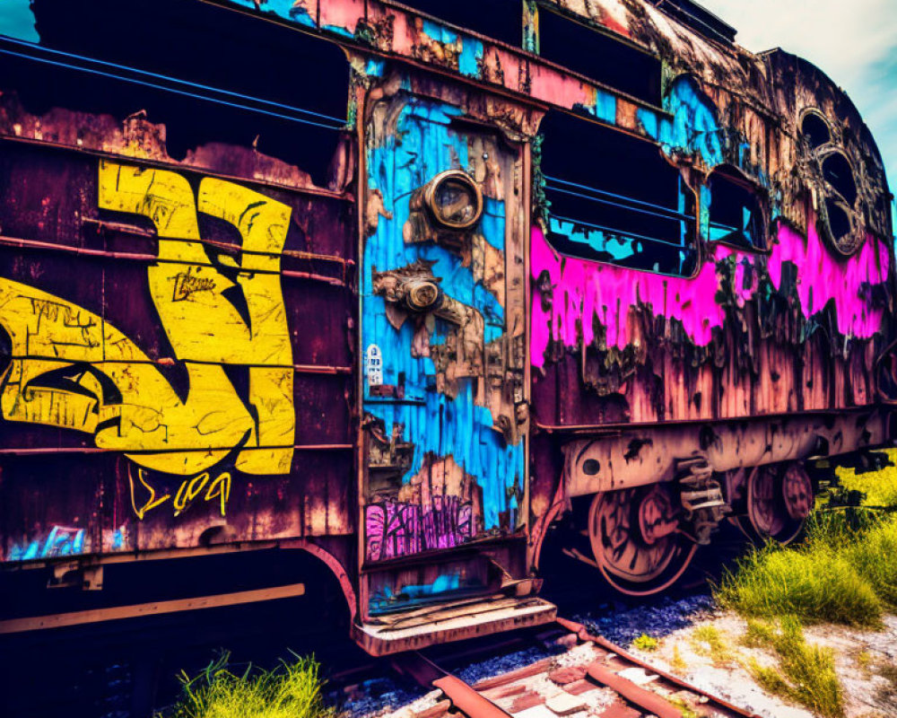 Graffiti-covered abandoned train carriage on rusty tracks under cloud-streaked sky