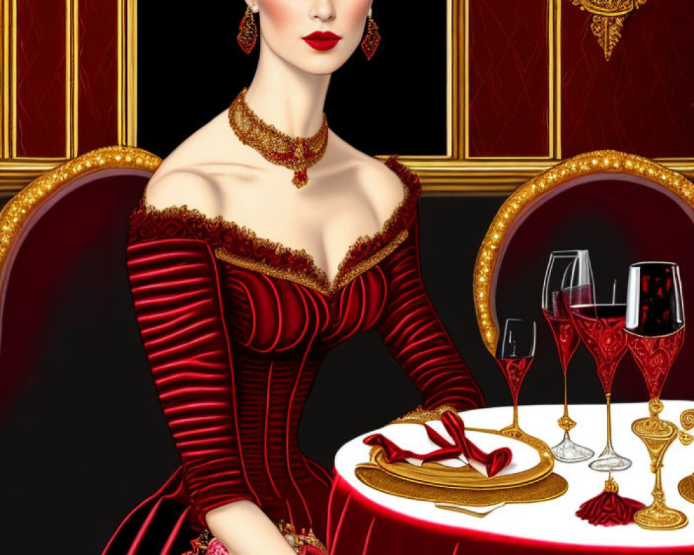 Illustration of elegant woman in red vintage dress at luxurious table