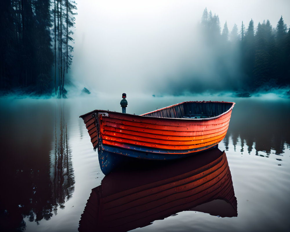 Vibrant red and blue boat on misty lake with forest reflection