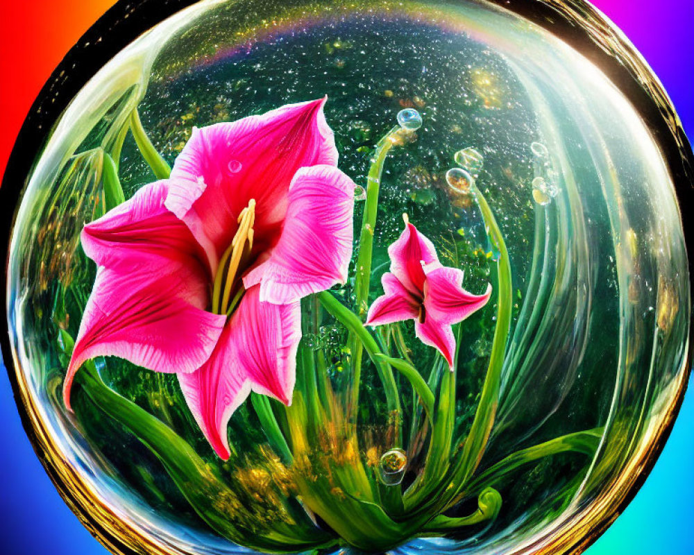 Pink lily flowers in transparent bubble on rainbow backdrop