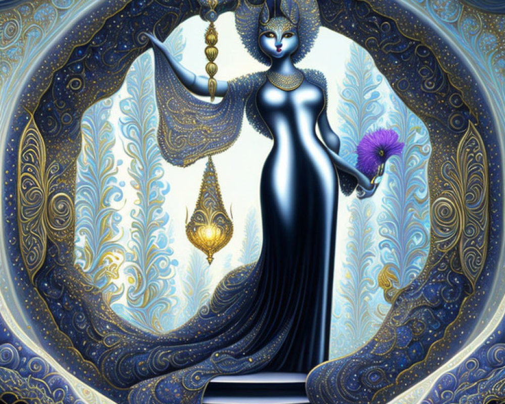 Blue-skinned woman with multiple arms holding a lamp and flower in intricate gold and blue setting