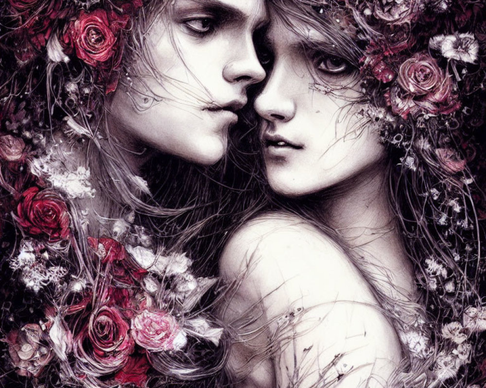 Illustrated figures in floral crowns embrace among roses and thorns