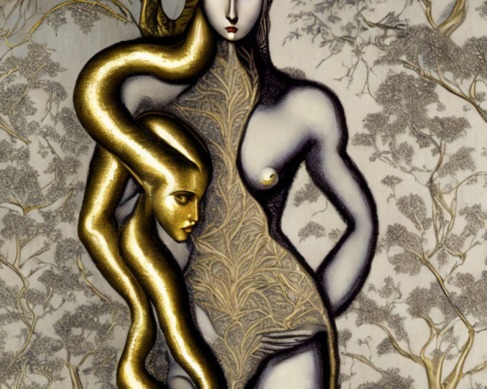 Pale woman with gold snake on tree branches background