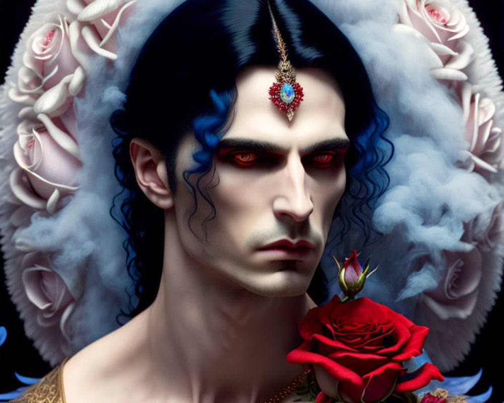 Portrait of man with dark hair, gem on forehead, surrounded by roses, holding red rose in blue