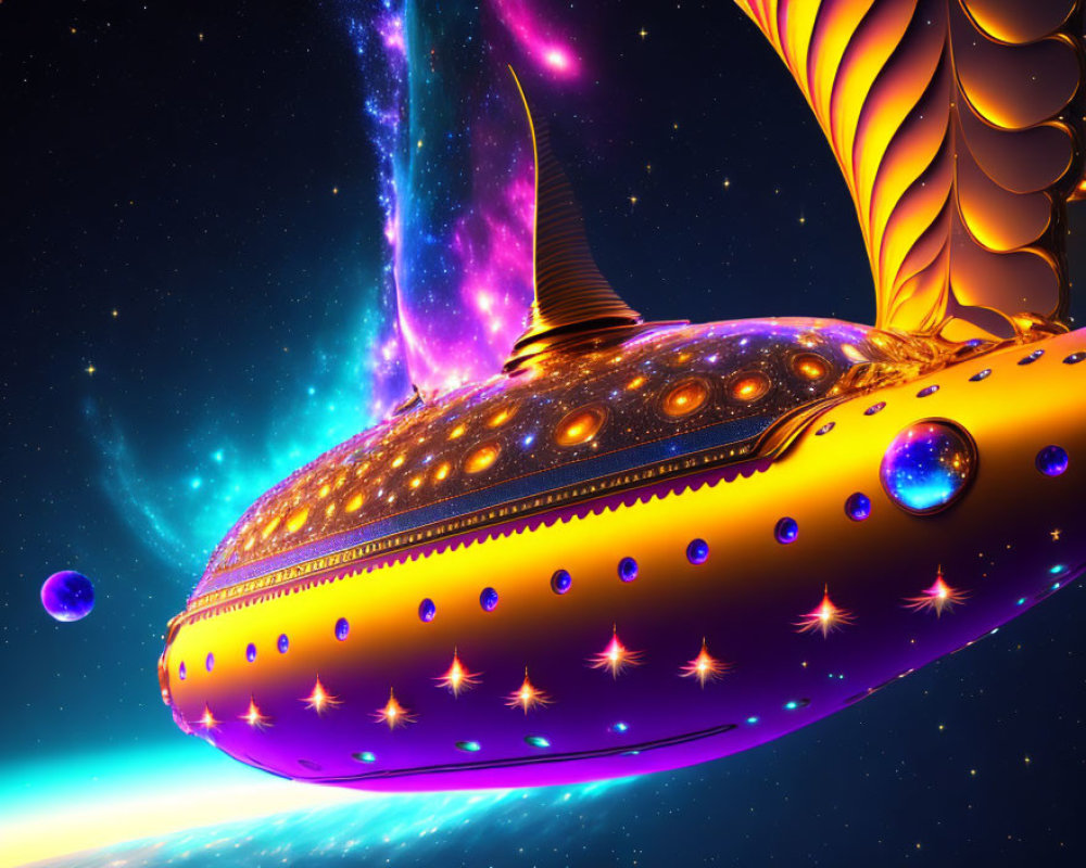 Colorful Futuristic Spaceship Flying Through Starry Space