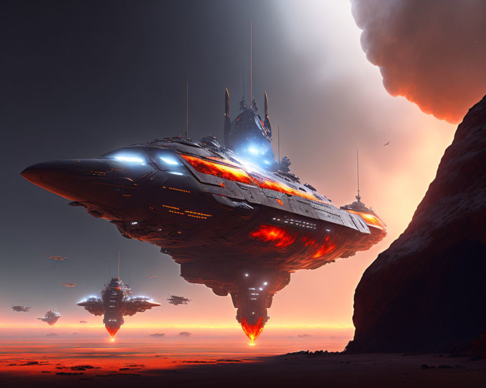 Futuristic spaceships with glowing lights on alien planet cliff