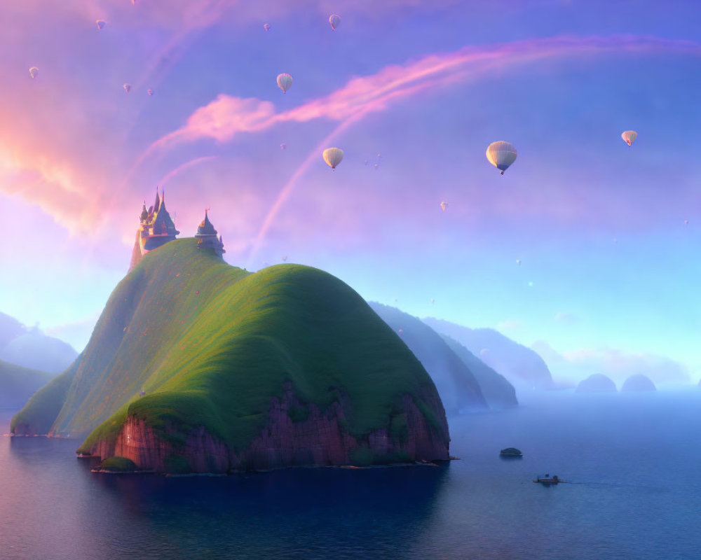 Fantastical landscape with green hill, castles, hot air balloons, pink-hued rainbow at