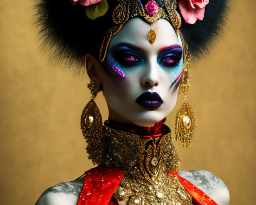 Model showcasing dramatic makeup and elaborate headdress with flowers, jewels, and feathers on gold backdrop
