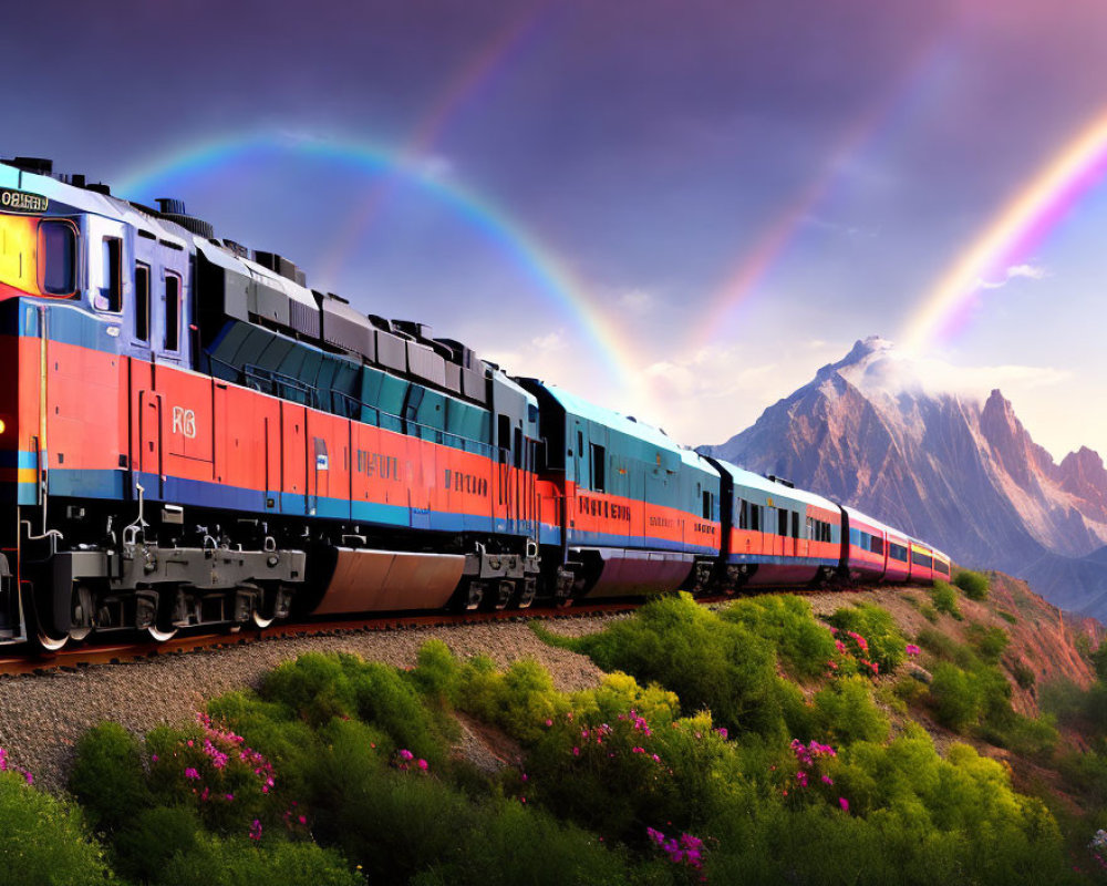 Colorful Train Traveling Through Scenic Landscape