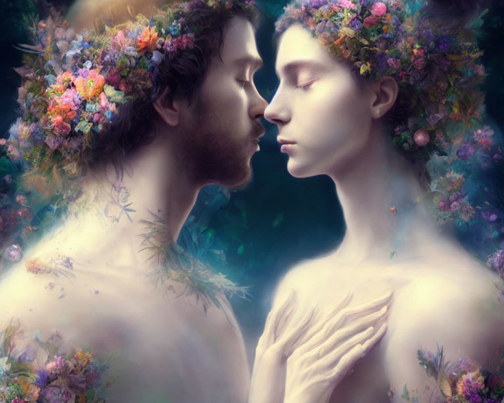 Ethereal figures with floral crowns in mystical blue setting