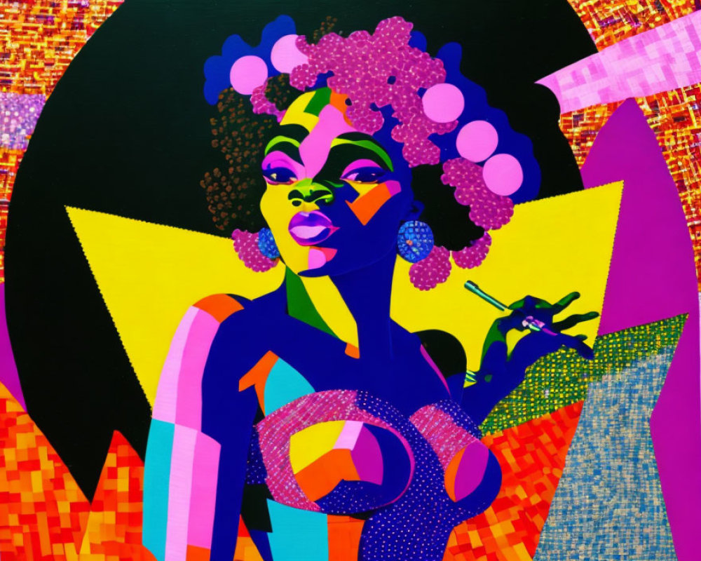Colorful Pop Art Portrait of Woman with Afro Hair & Paintbrush