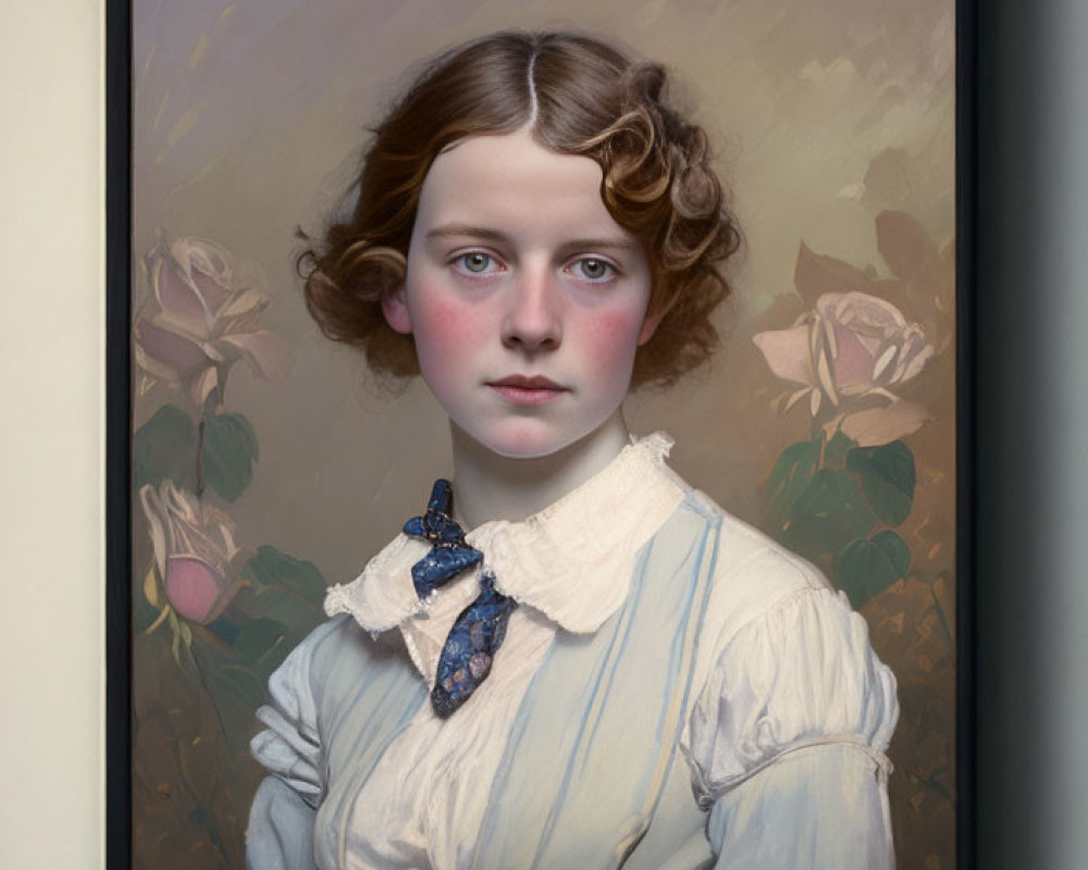 Portrait of young woman with curly hair in white blouse and blue bow, framed with painted roses