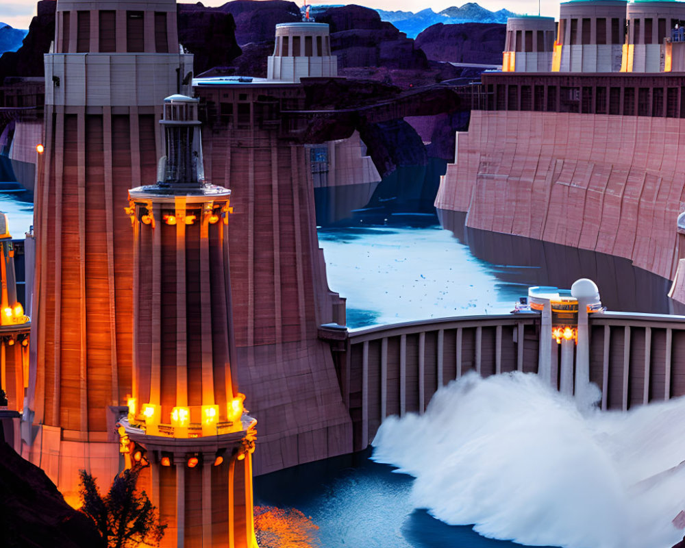 Illuminated dam with flowing water under twilight sky