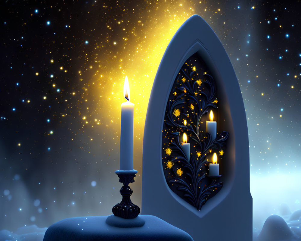 Gothic window with lit candle and starry night sky.