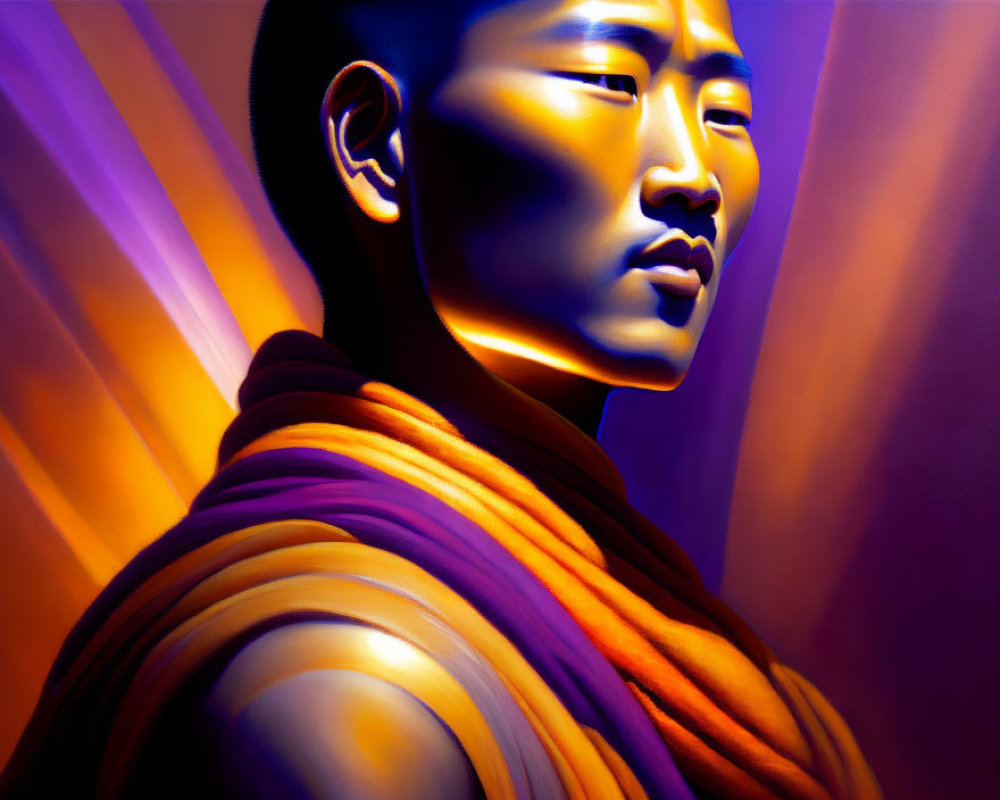 Colorful Artistic Painting of Person in Orange Drapery with Purple and Yellow Background