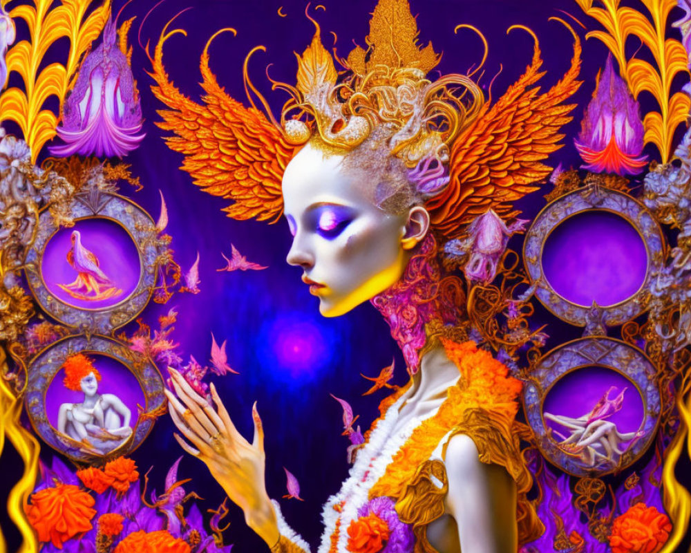 Fantasy-themed portrait with orange and gold headpiece and fiery motifs