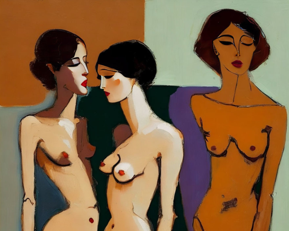 Stylized Abstract Painting of Three Female Figures