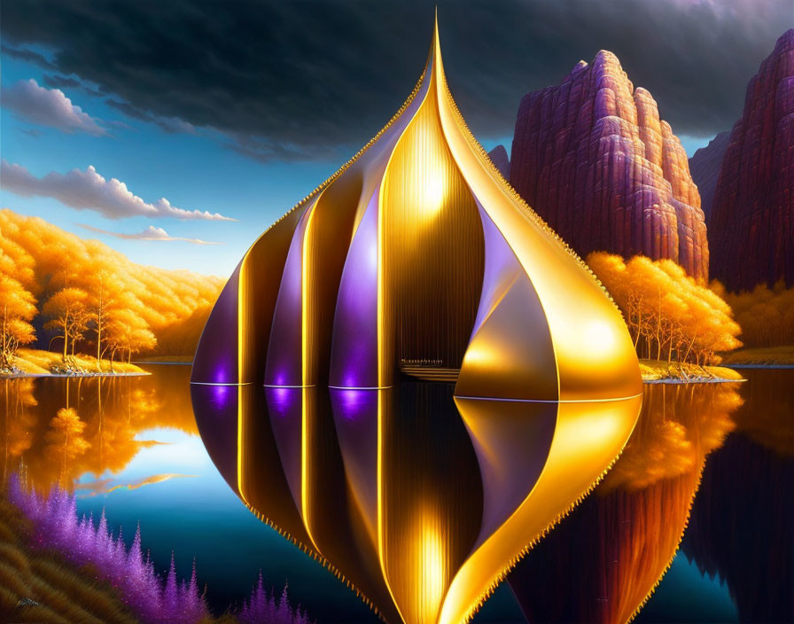 Golden structure with purple accents in autumnal landscape