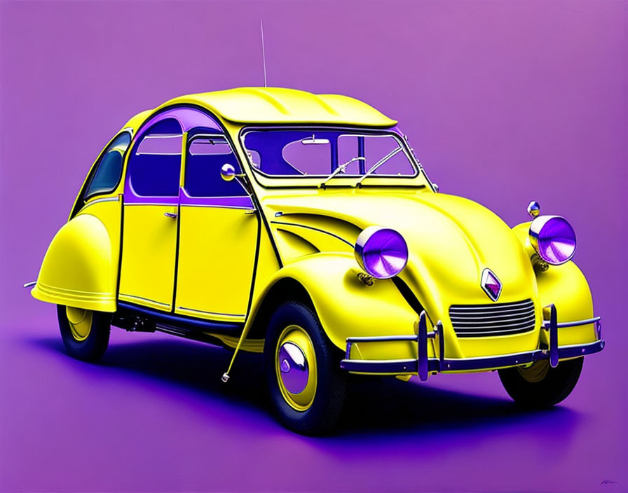 Classic Yellow Car Digital Illustration on Purple Background