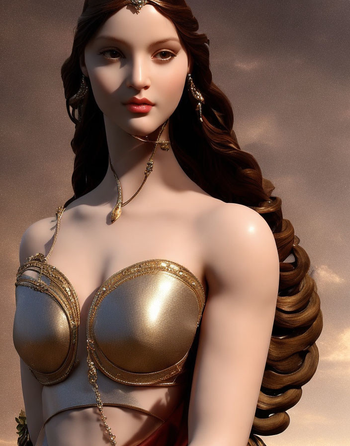 3D-rendered image of woman with long brown hair and golden jewelry