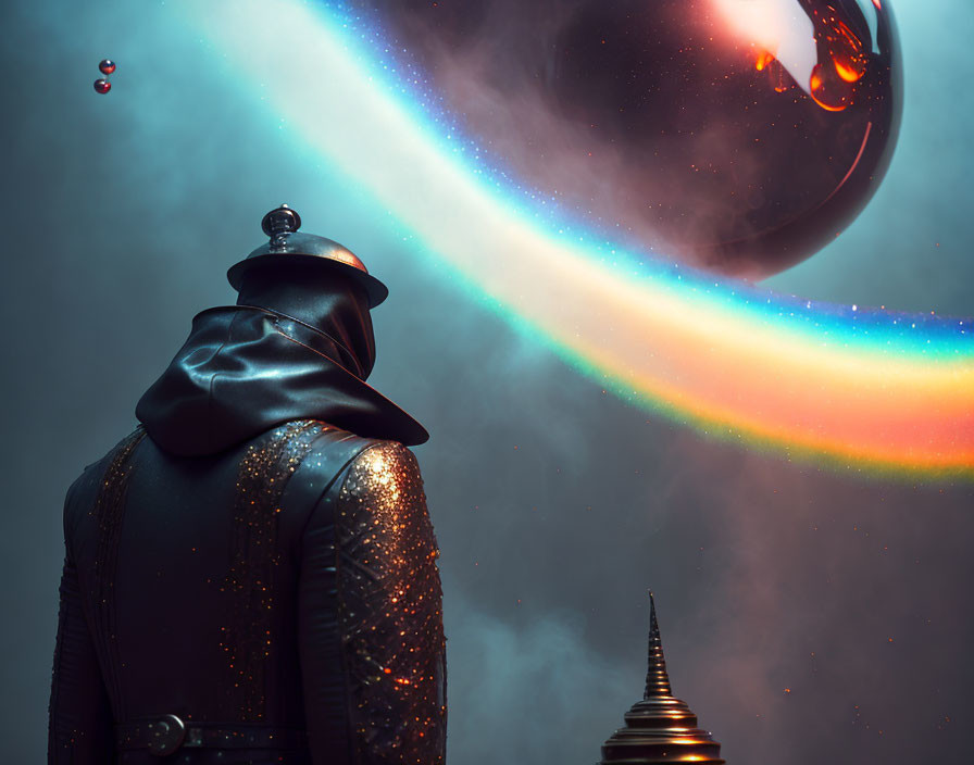 Futuristic figure in sparkling black outfit with cosmic rainbow nebula and hovering orb