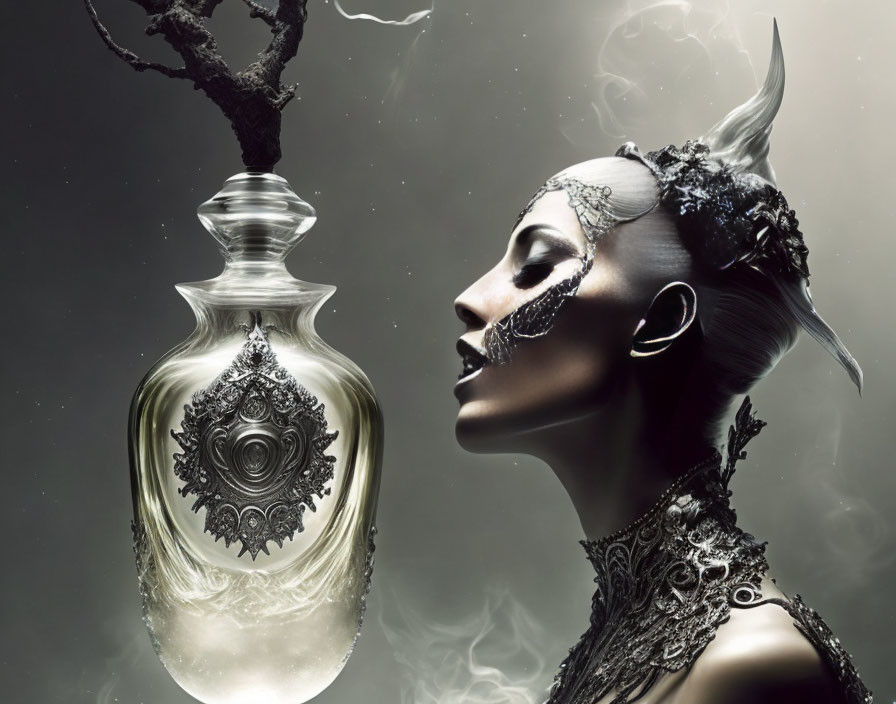 Surreal image of woman with avant-garde makeup and ornate bottle