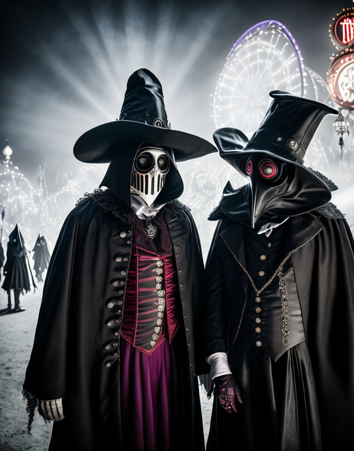 Elaborate Plague Doctor Costumes at Night Event with Ferris Wheel