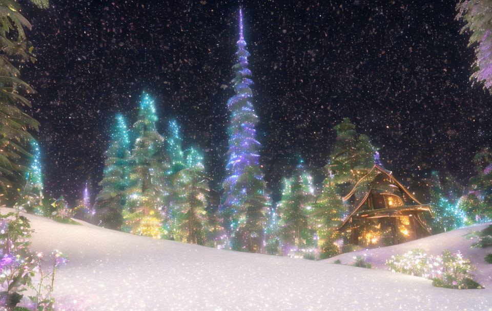 Snowy Winter Scene: Illuminated Trees, Cozy Cabin, Starry Night Sky