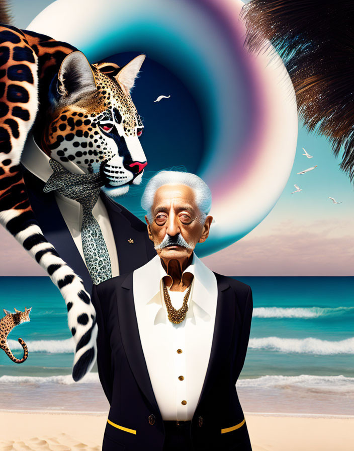 Surreal artwork: man with leopard head in tuxedo on beach
