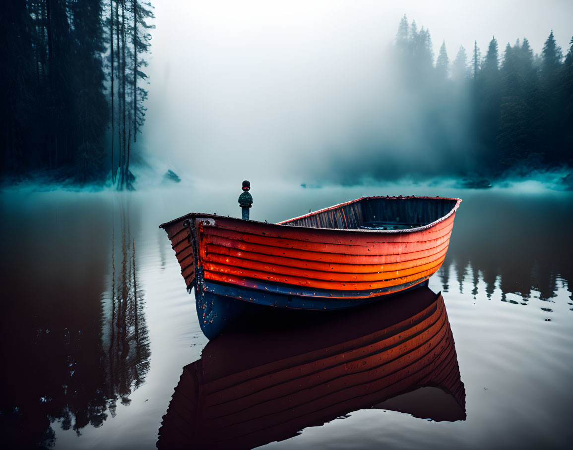 Vibrant red and blue boat on misty lake with forest reflection